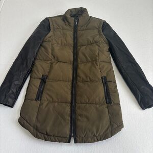 Zara Basic Puffer Coat Women's S Army Green Faux Leather Sweater Wool Full Zip
